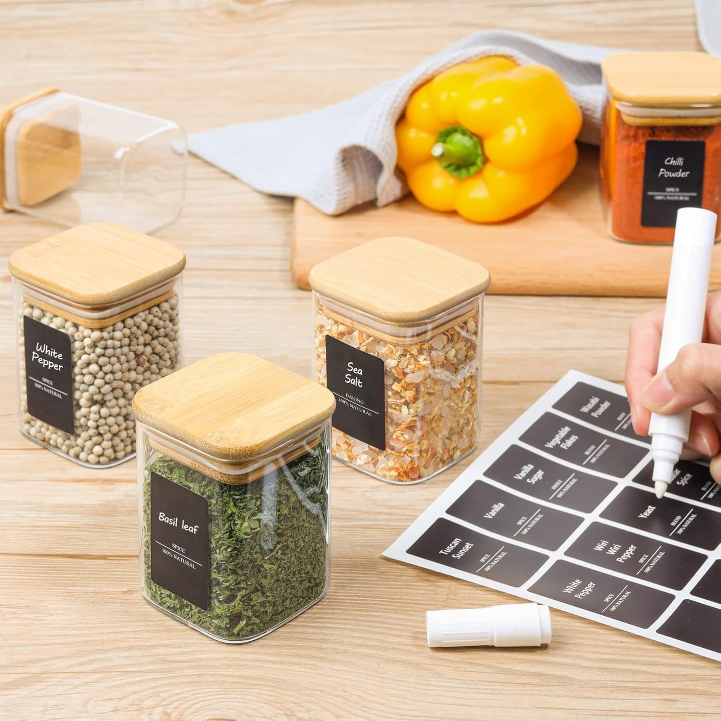 ComSaf Spice Jars with Labels 6 oz 12Pack, Small Spice Containers Starter Set, Glass Seasoning Jars
