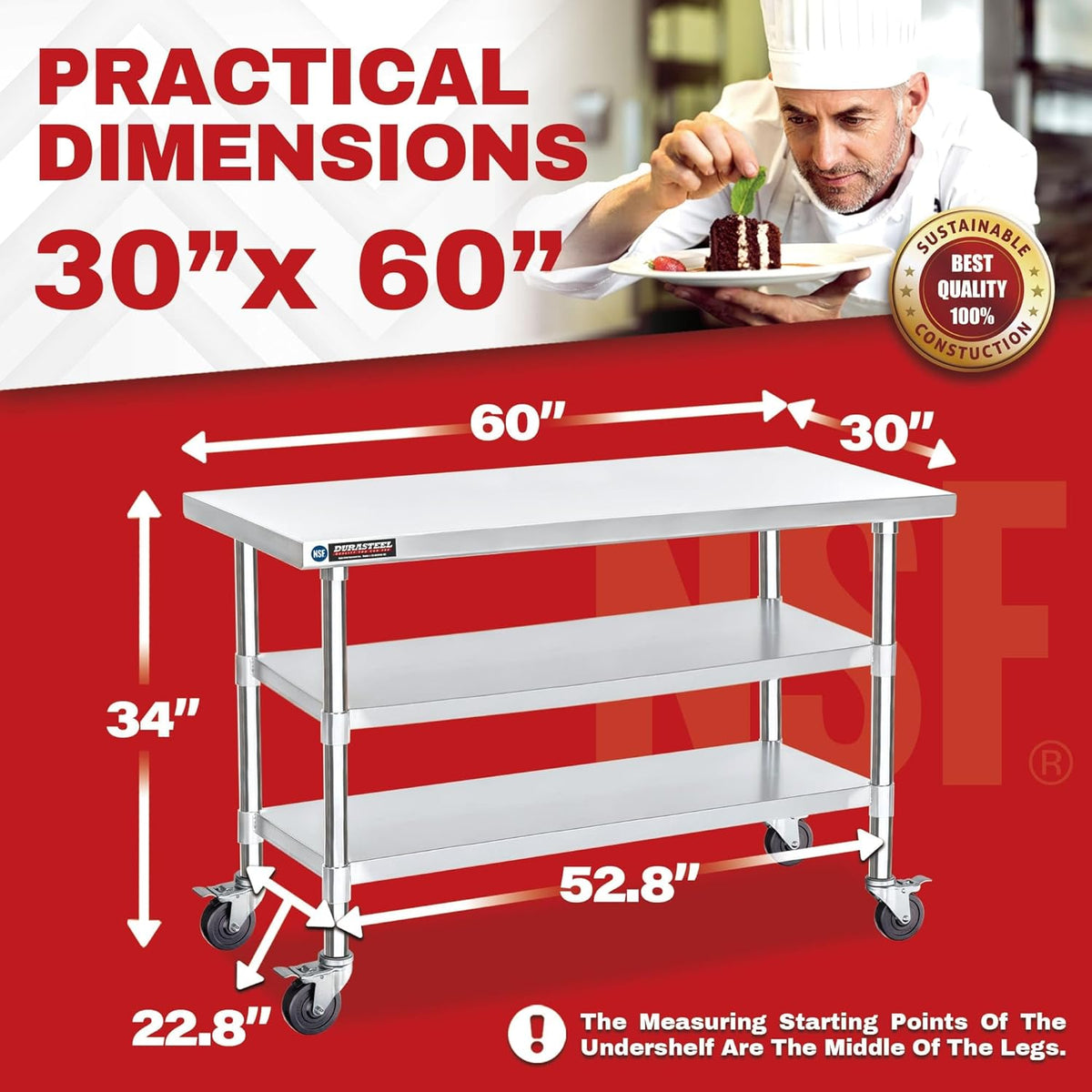 DuraSteel Stainless Steel Work Table 30" x 60" x 34" Height w/ 4 Caster Wheels - Food Prep
