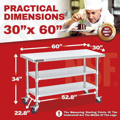 DuraSteel Stainless Steel Work Table 30" x 60" x 34" Height w/ 4 Caster Wheels - Food Prep