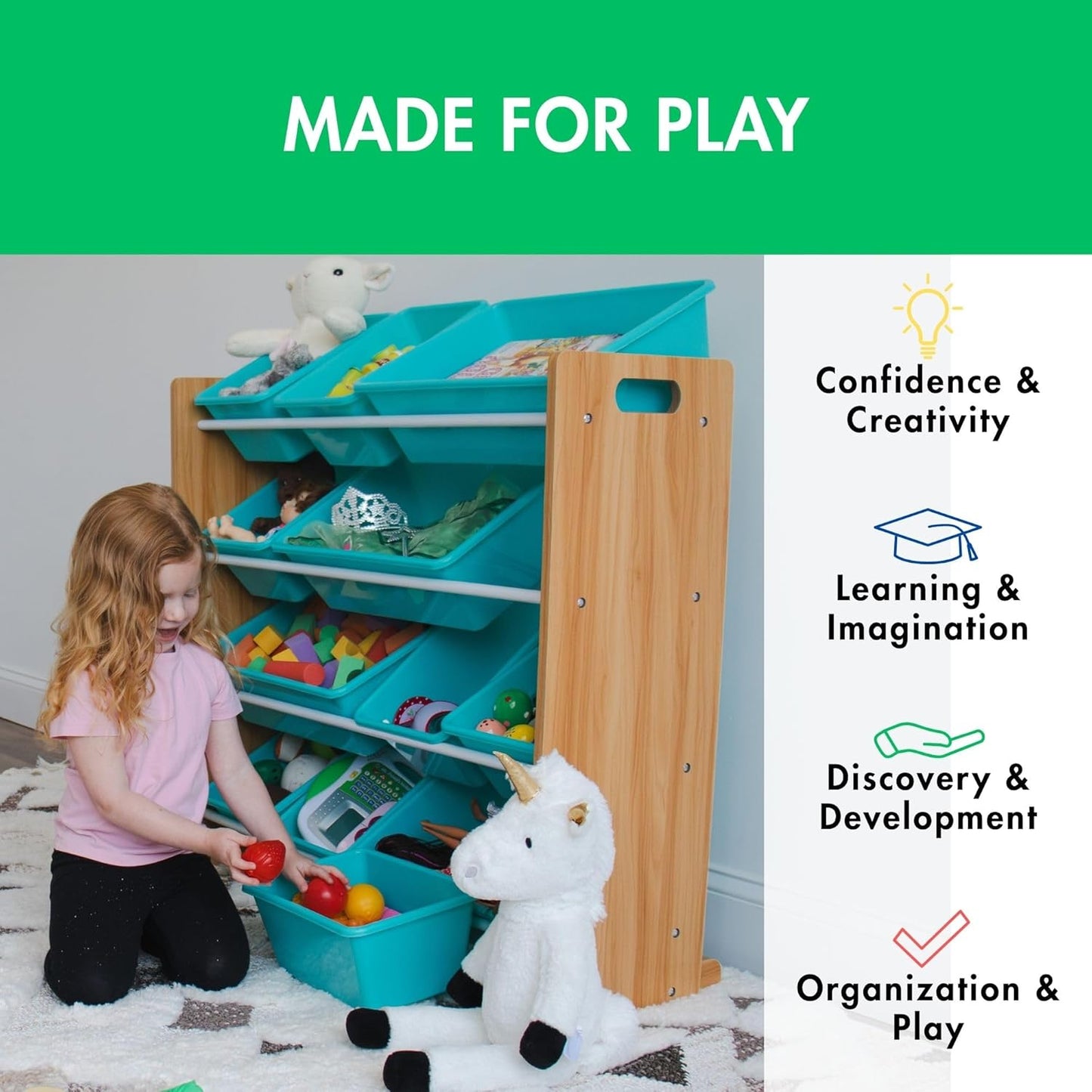 Humble Crew Kids Toy Storage Organizer with 12 Plastic Bins, Natural Wood/Aqua – Removable Bins for