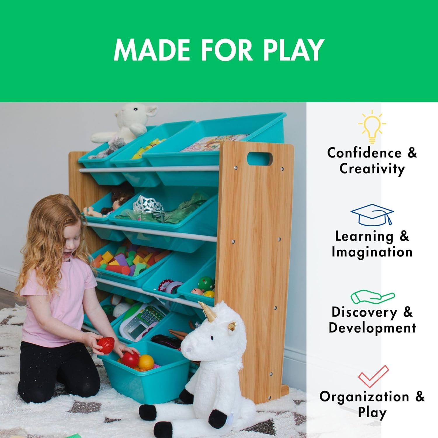 Humble Crew Kids Toy Storage Organizer with 12 Plastic Bins, Natural Wood/Aqua – Removable Bins for