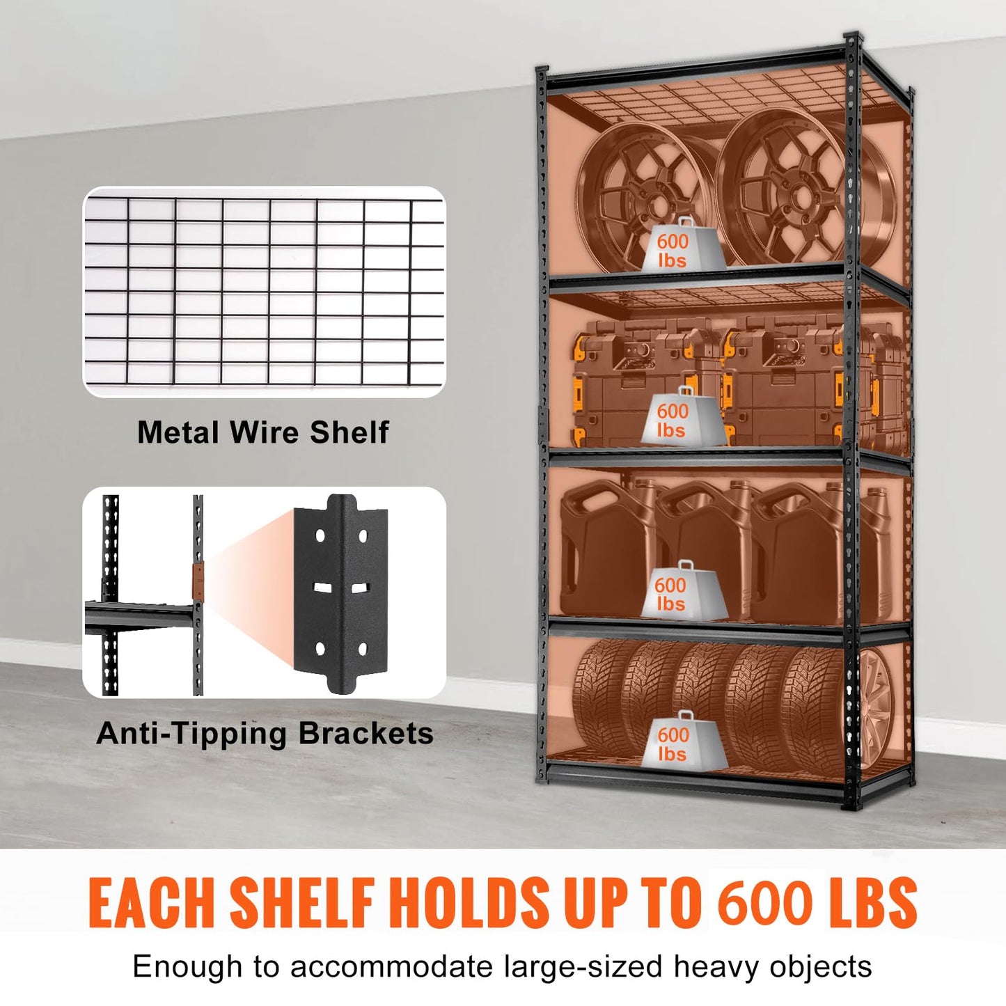 VEVOR Storage Shelving Unit, 5-Tier Adjustable, 2000 lbs Capacity, Heavy Duty Garage Shelves Metal