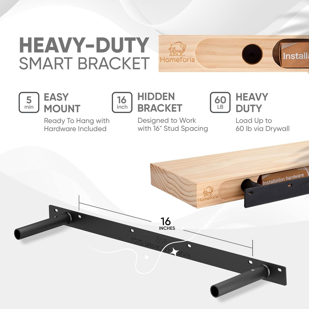 Homeforia Black Floating Shelves 30 inches Long, High End Solid Real Wood 30 inch Floating Shelf