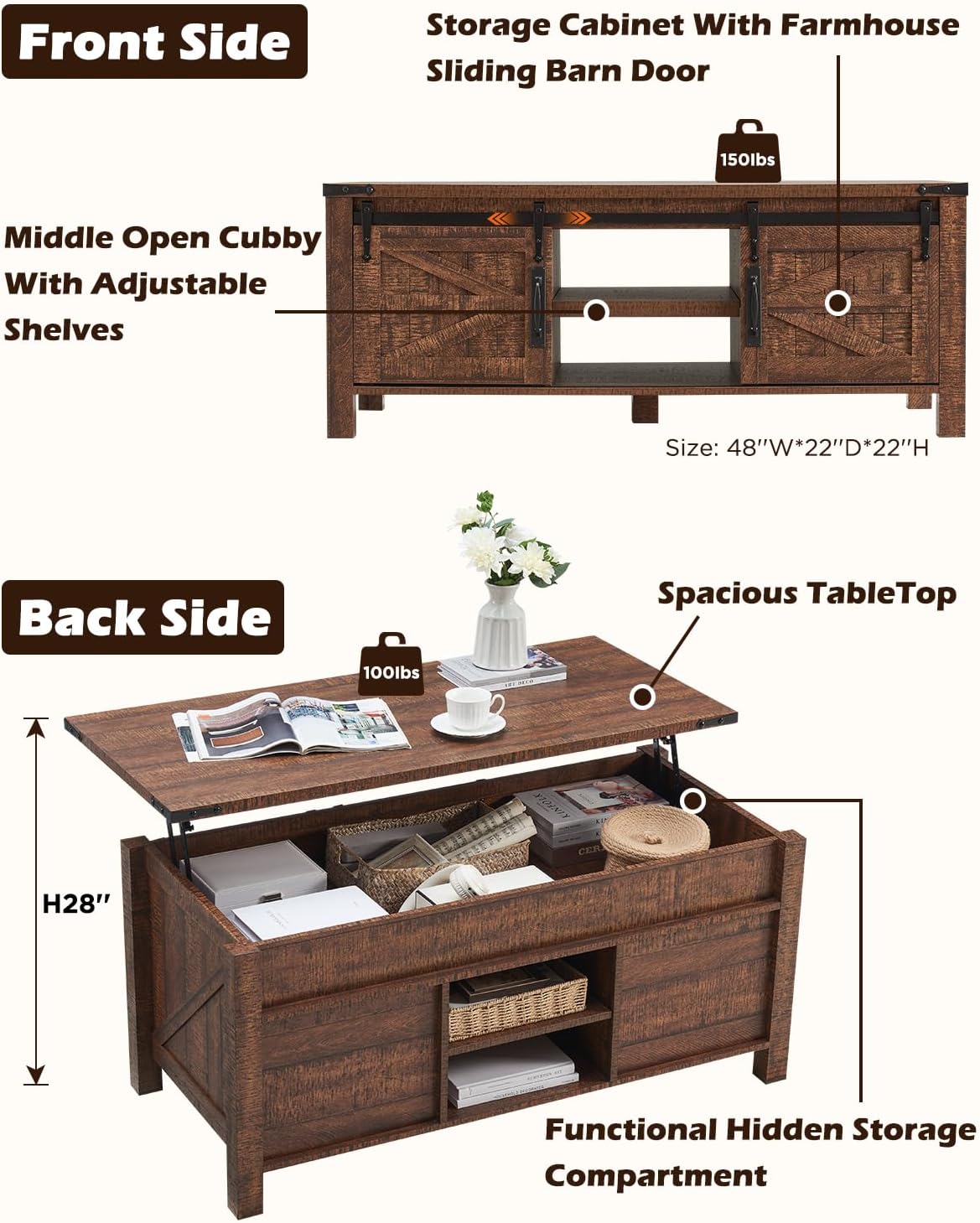 OKD 48" Farmhouse Lift Top Coffee Table with Sliding Barn Door,Rustic Center Table with Hidden