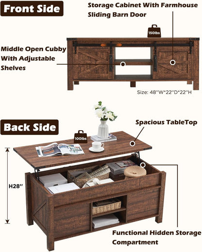 OKD 48" Farmhouse Lift Top Coffee Table with Sliding Barn Door,Rustic Center Table with Hidden