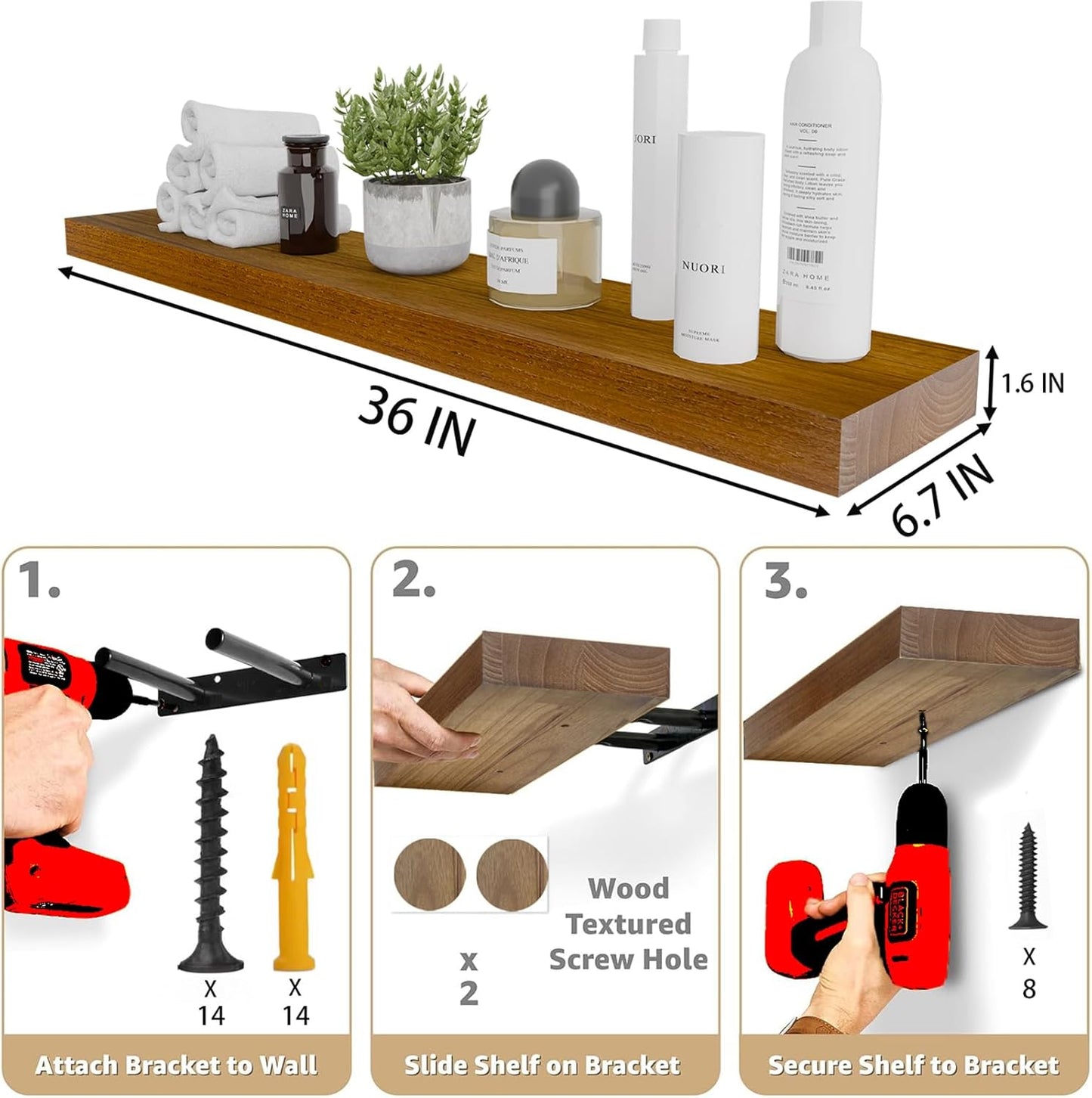 IAE Walnut Floating Wall Shelves 36 inch, Bathroom Shelves Wall Mounted,Invisible Shelves Floating