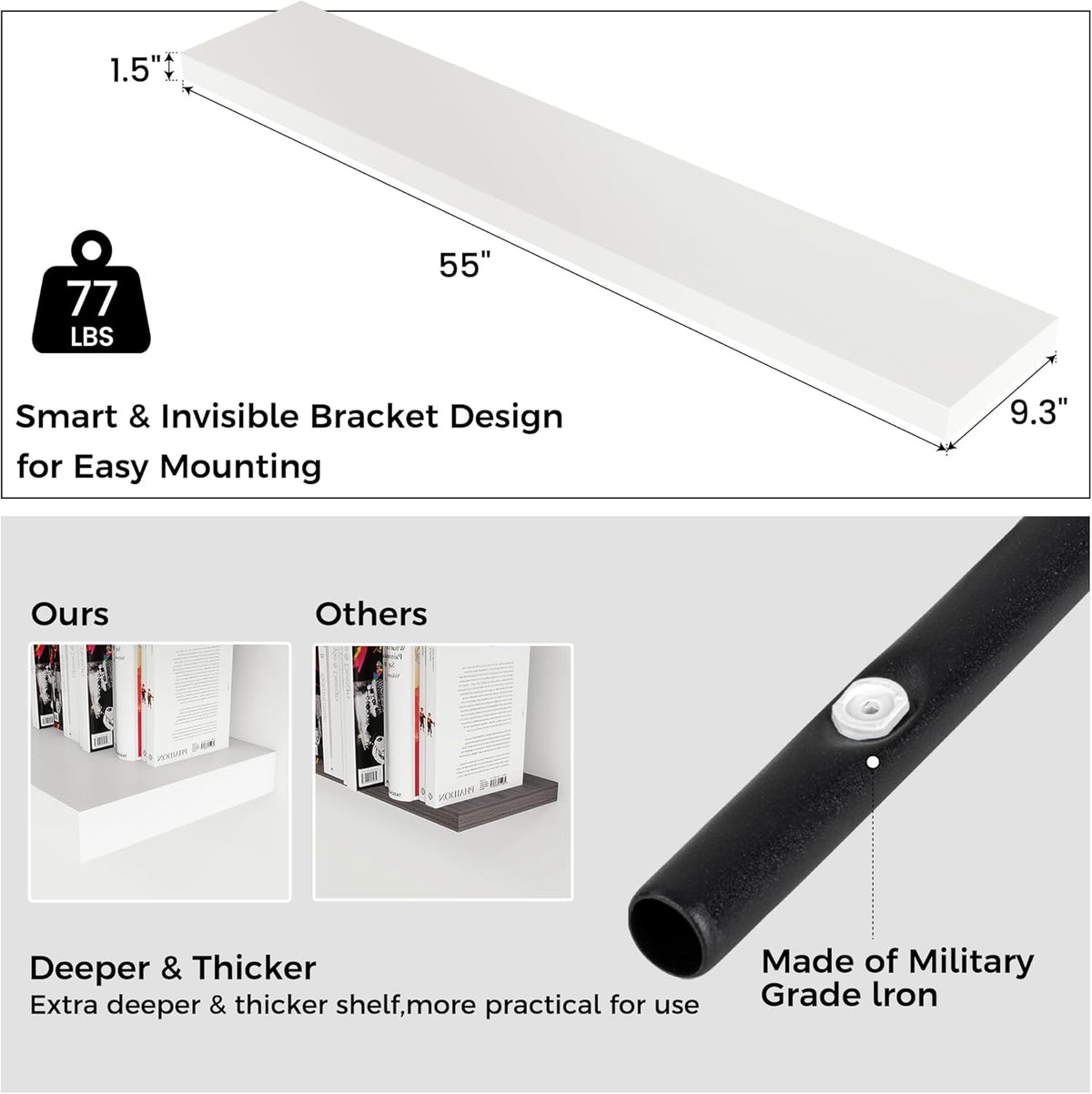 Floating Shelves for Wall, Large Wall Mounted Shelves with Invisible Brackets, Long Wood Floating