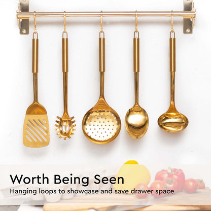 Gold Cooking Utensils Set – 5-Piece Stainless Steel Kitchen Tools for Modern Cooking and Serving