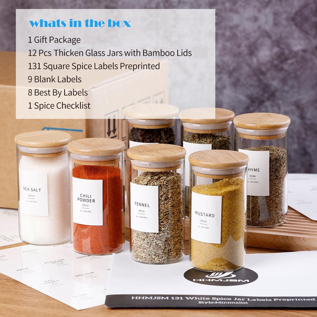 12 Pcs Glass Spice Jars With Bamboo Airtight Lids, 10oz Thicken(2.4mm) Spice Containers With 148