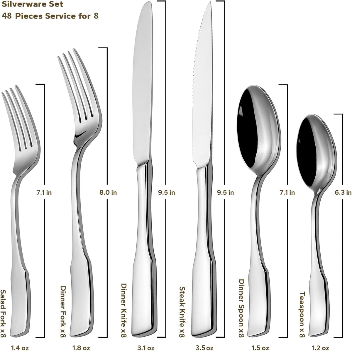 Alata Kate 48-Piece Silverware Set with steak knife Service for 8, Stainless Steel Flatware Set