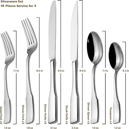 Alata Kate 48-Piece Silverware Set with steak knife Service for 8, Stainless Steel Flatware Set