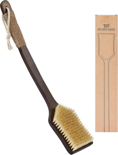 Back Scrubber Shower Brush,Dry Brushing Body Brush with 17.7 Inch Curved Long Handle, Natural