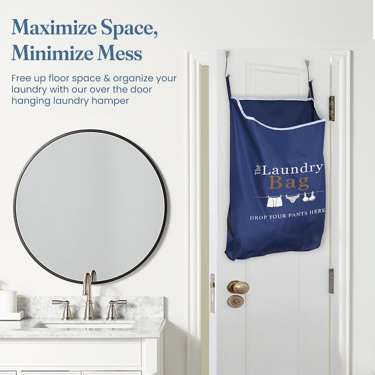 Fine Living Co. Large Hanging Laundry Hamper with Over Door Hooks & Adhesive, Durable Space Saving