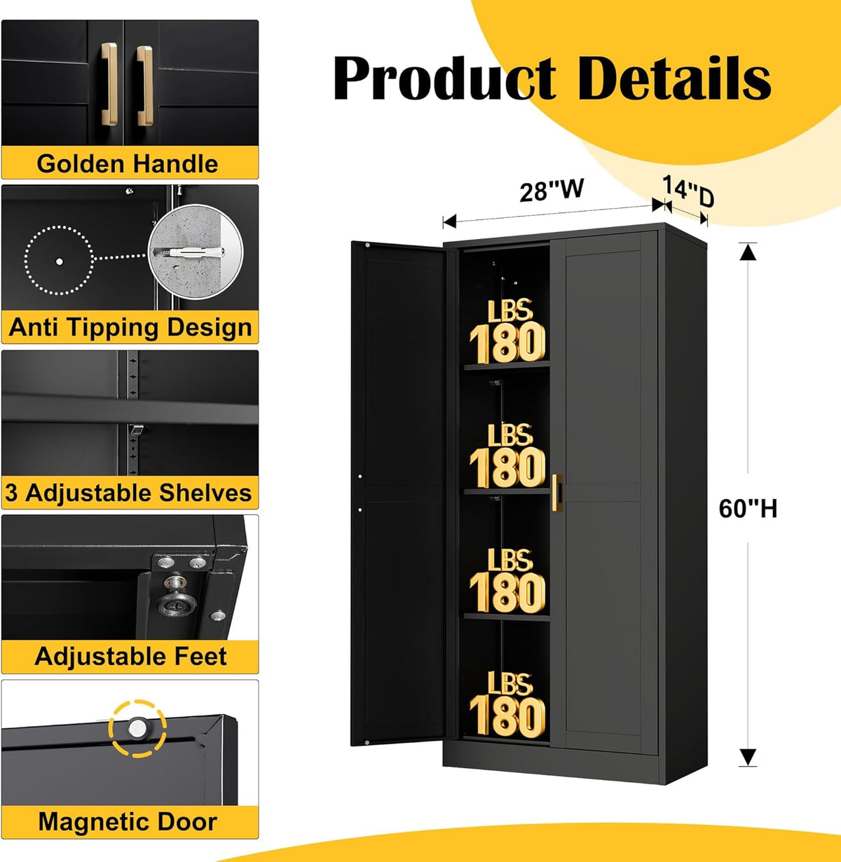 Kitchen Cabinet Storage,60”Metal Pantry Cabinet with Doors and 3 Adjustable Shelves,Food Pantry