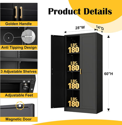 Kitchen Cabinet Storage,60”Metal Pantry Cabinet with Doors and 3 Adjustable Shelves,Food Pantry