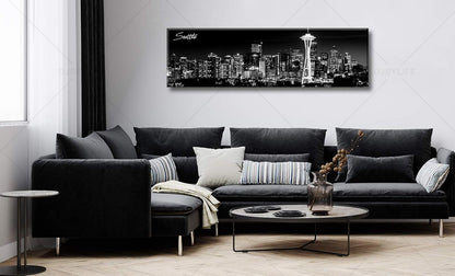 Seattle City Skyline Wall Art Black and White Canvas Prints Panorama Cityscape Picture Night View