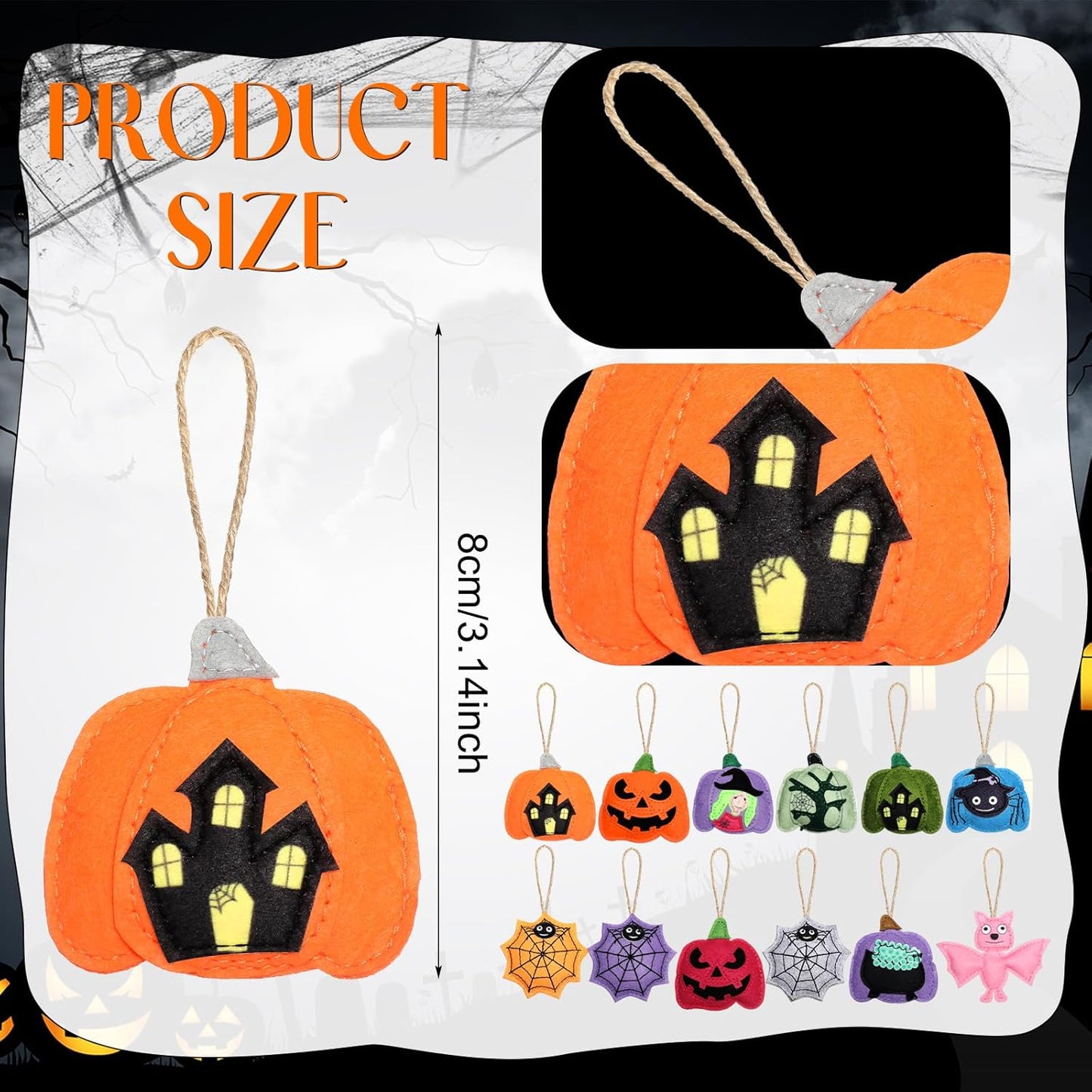 12 Pcs Halloween Felt Ornaments Spooky Pumpkin 3D Hanging Ornaments 3.15 Inch Spider Web Bat Tree