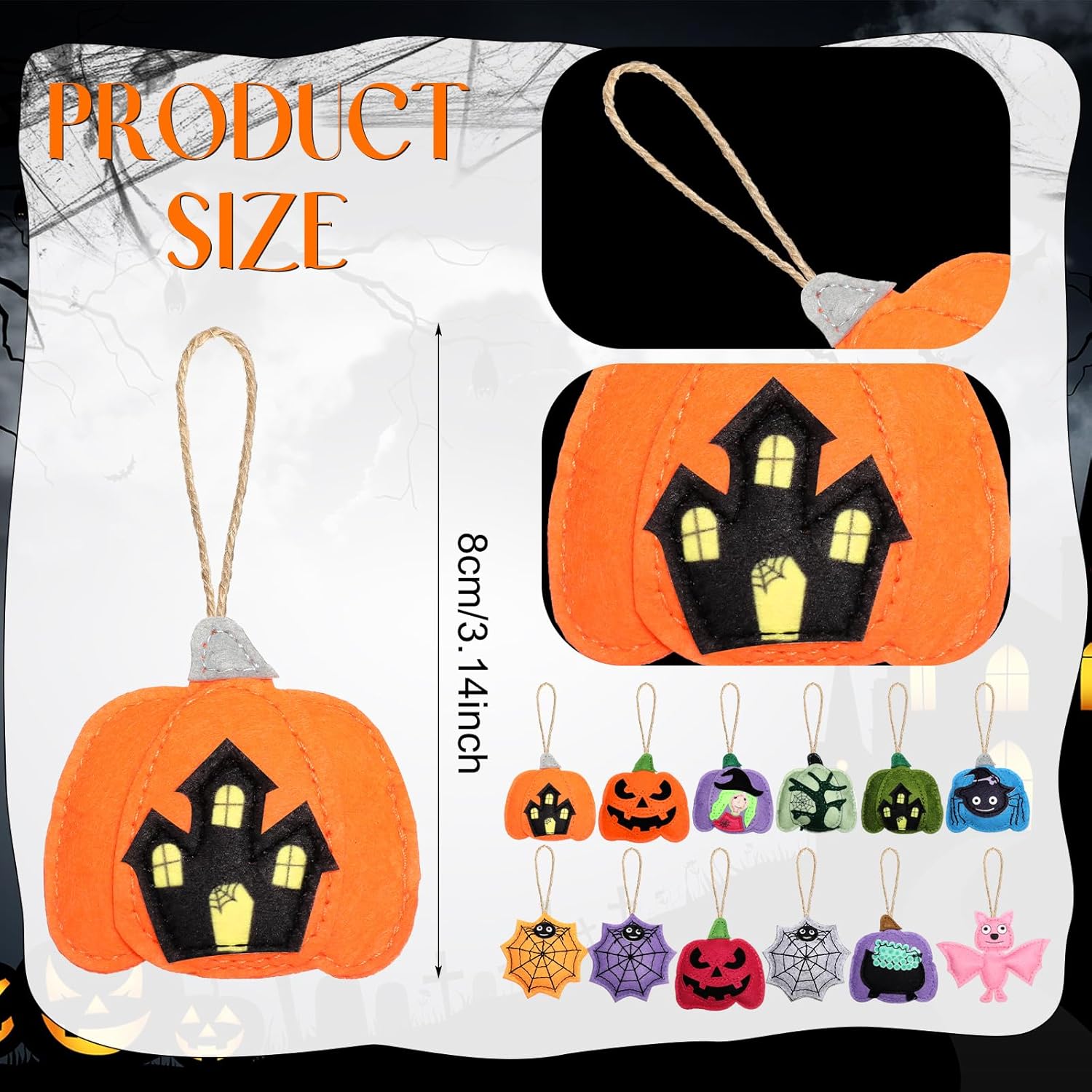 12 Pcs Halloween Felt Ornaments Spooky Pumpkin 3D Hanging Ornaments 3.15 Inch Spider Web Bat Tree