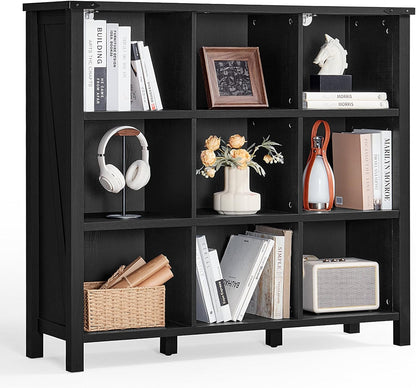 9 Cube Bookcase, Farmhouse 47 Inch Wide Black Bookshelf, Wooden 3 Tier Display Large Open Book