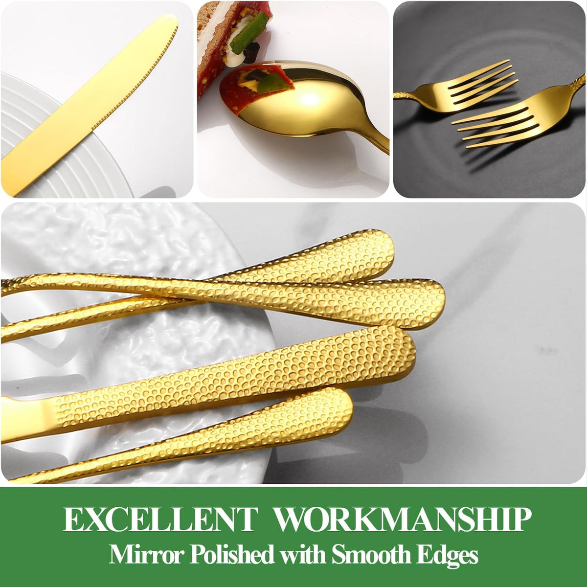 40 Pcs Gold Silverware Set for 8 with Hammered Design, Food Grade Stainless Steel Flatware Set