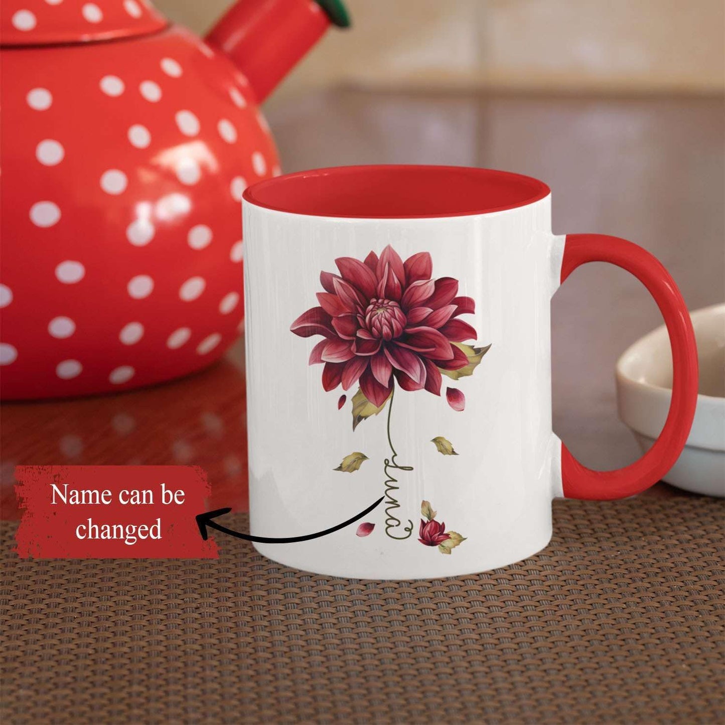 Dahlia Flower Design Coffee Mug, Personalized Name On Red Floral Cup, Custom Ceramic Mug For Flower