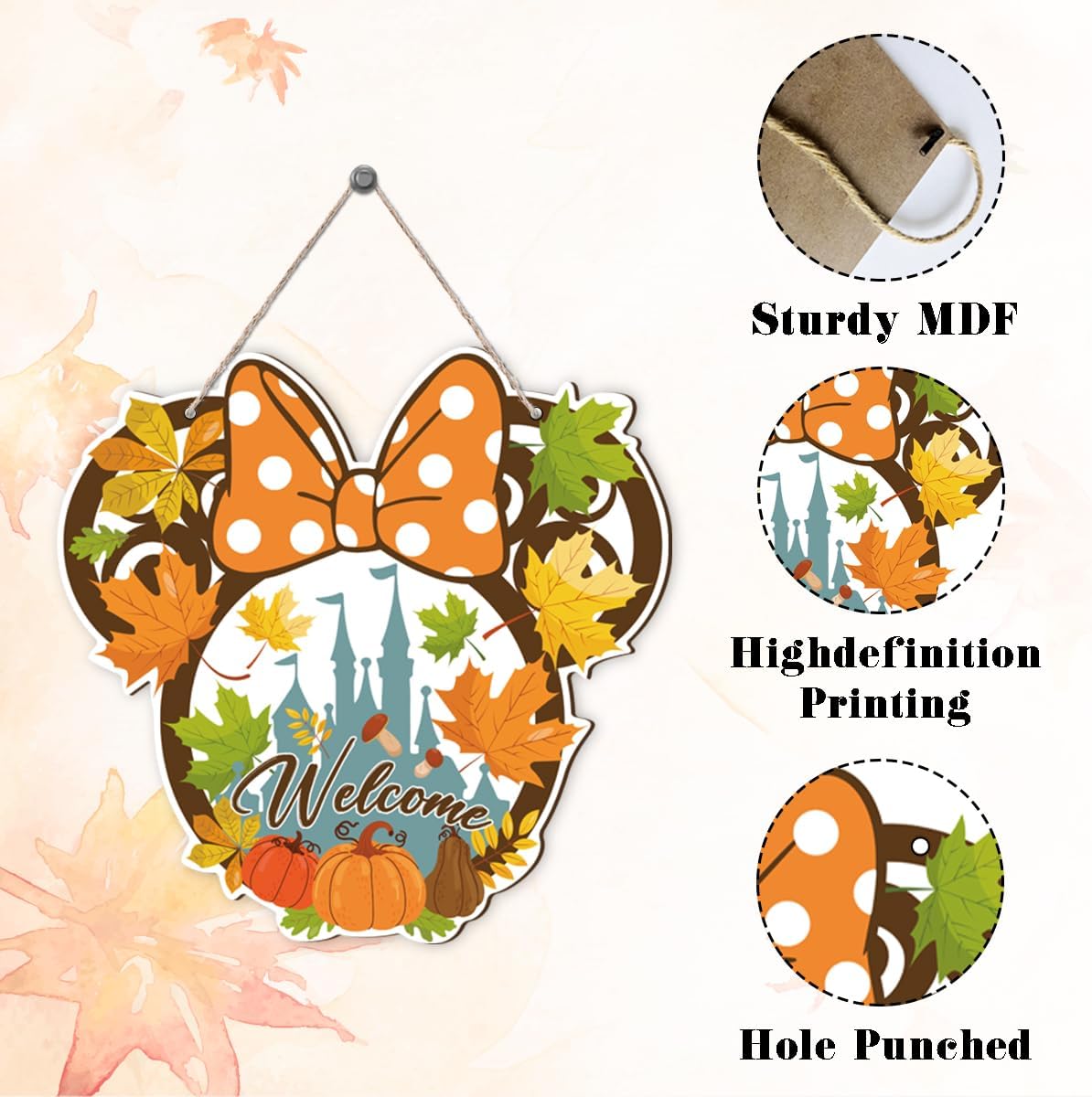 Fall Mouse Welcome Door Sign, Wooden Maple Leaves Mushroom Hanging Decor for Front Door, Fall Wood
