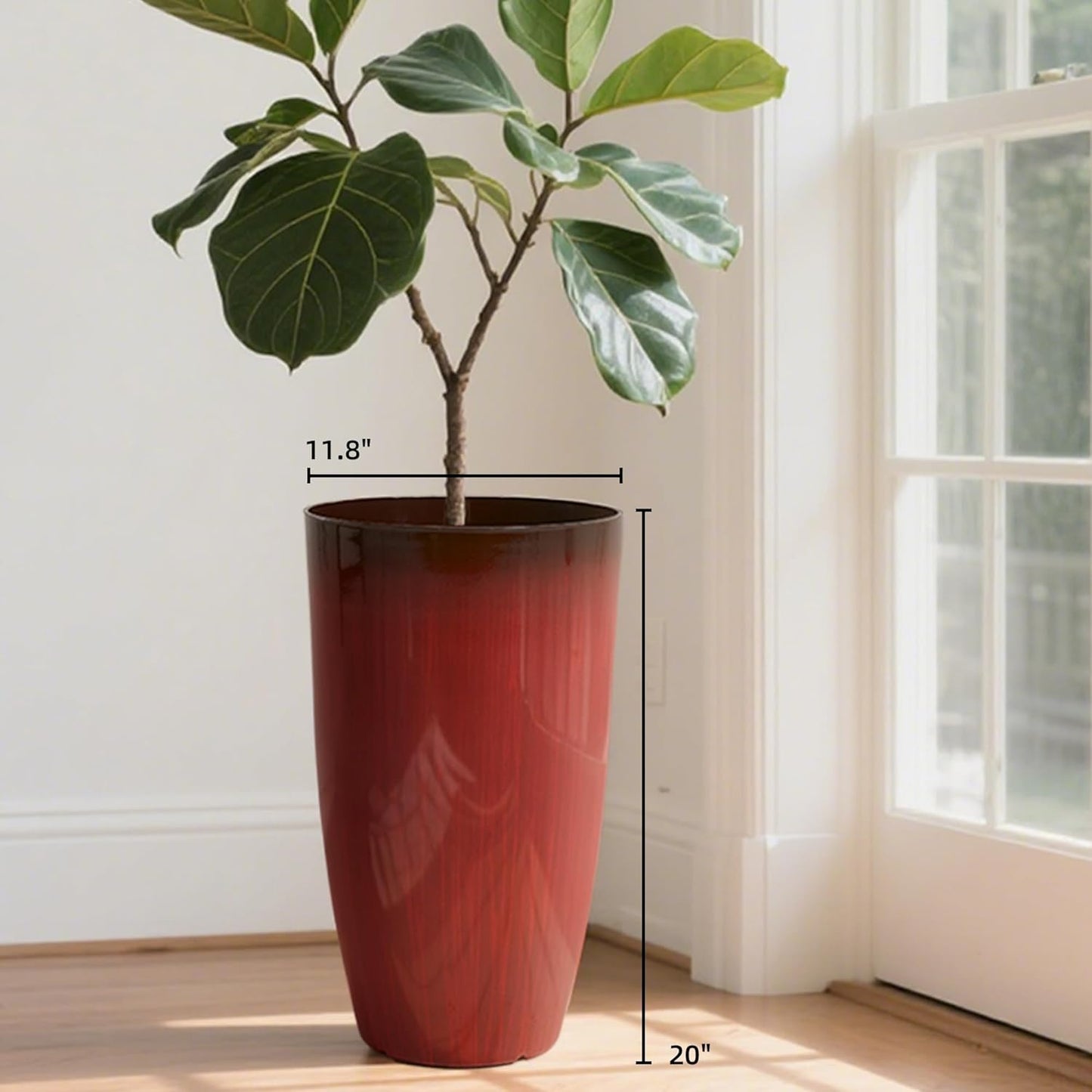 Worth Garden 20" H. Plastic Planters - Set of 2 Gradient Red Glossy Smooth Finish - Tall Plant Pots