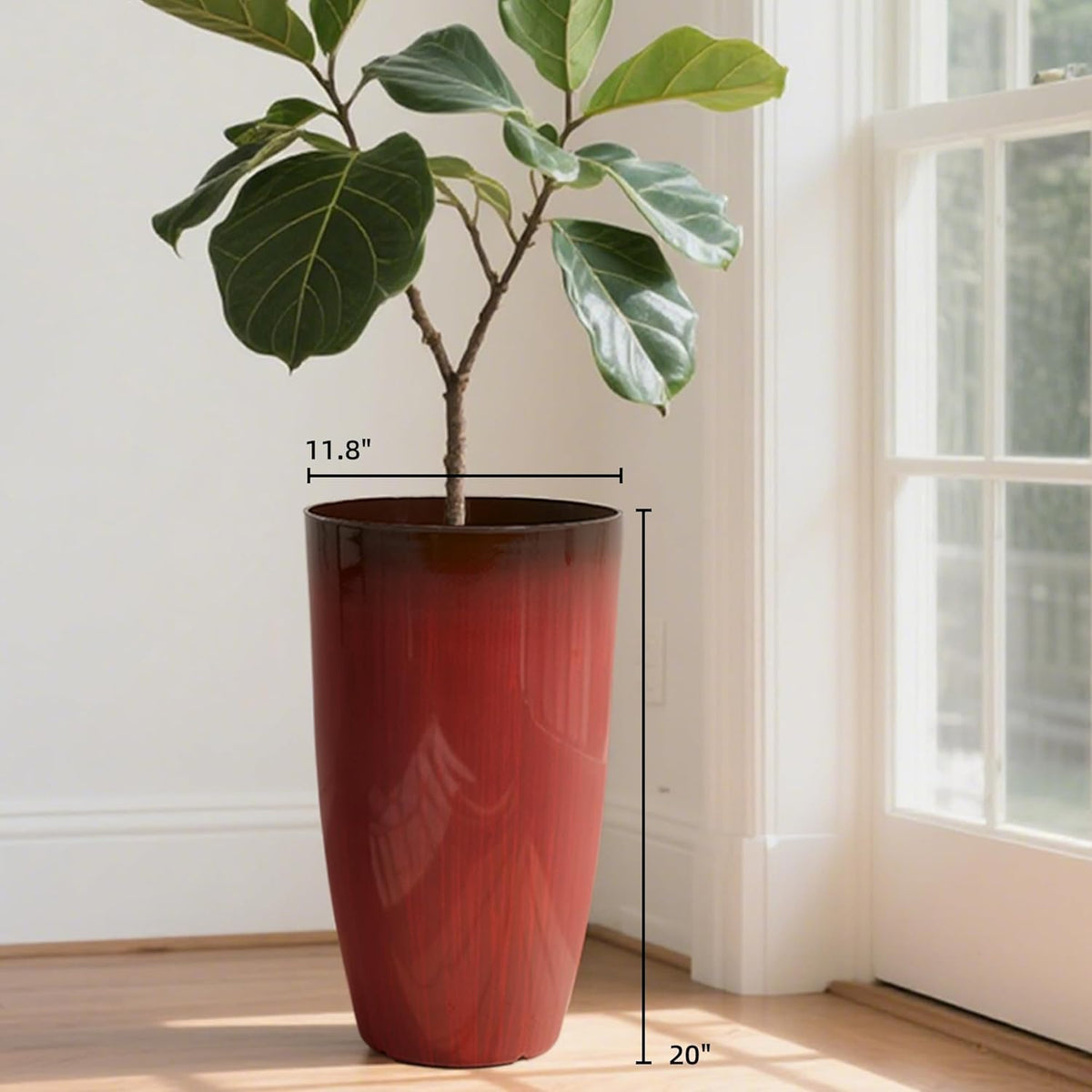 Worth Garden 20" H. Plastic Planters - Set of 2 Gradient Red Glossy Smooth Finish - Tall Plant Pots