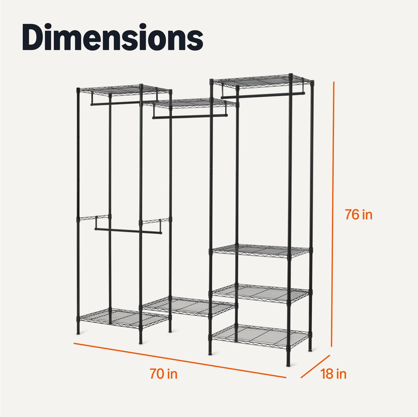 Amazon Basics Closet Organizer, Metal Rack with Shelves and Hanging Rod, 70" W x 18" D x 76" H