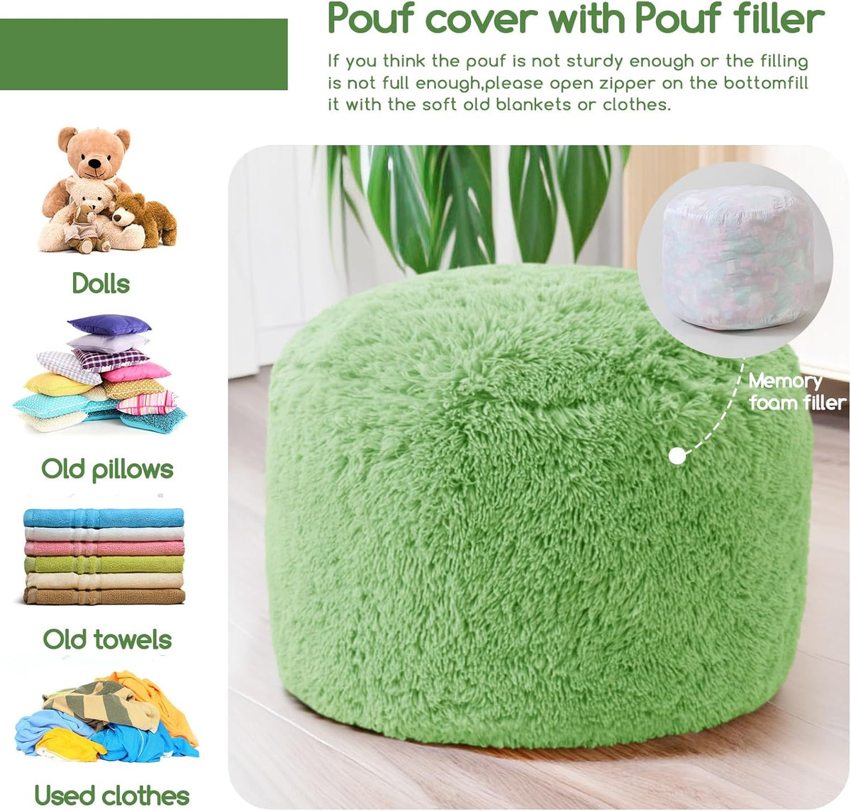 HIGOGOGO Round Stuffed Pouf Ottoman, Long Faux Fur Poufs with Foam Chunk Filling, Fluffy and Furry