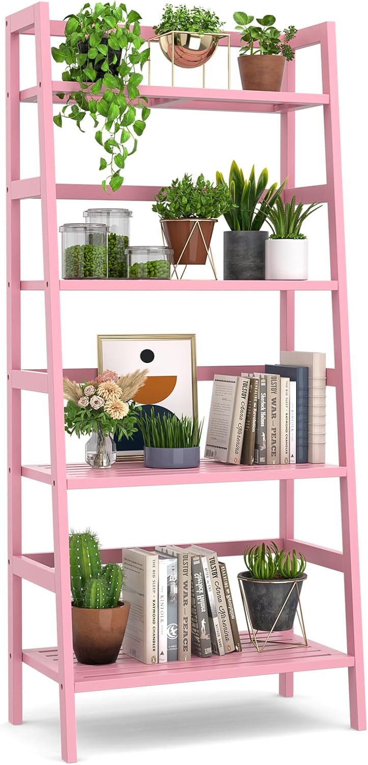 Homykic Bamboo Ladder Bookshelf, 4-Tier Ladder Shelf Open Book Shelf Freestanding Bookcase Bathroom