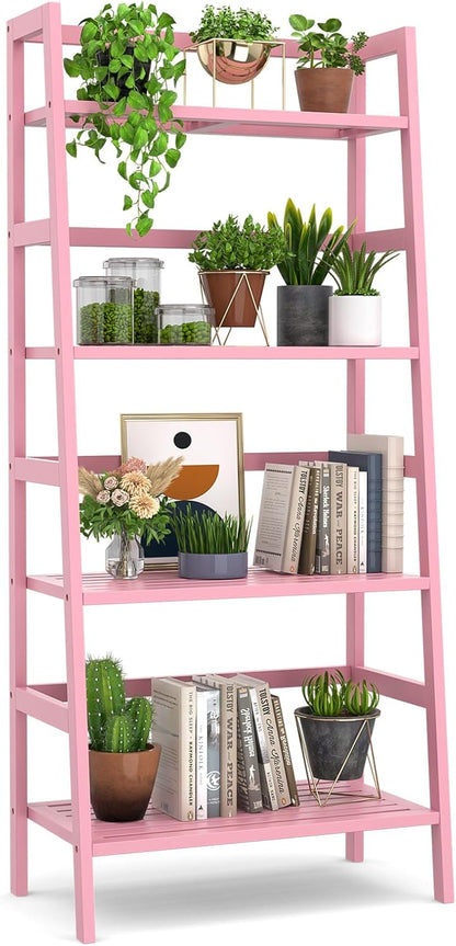 Homykic Bamboo Ladder Bookshelf, 4-Tier Ladder Shelf Open Book Shelf Freestanding Bookcase Bathroom