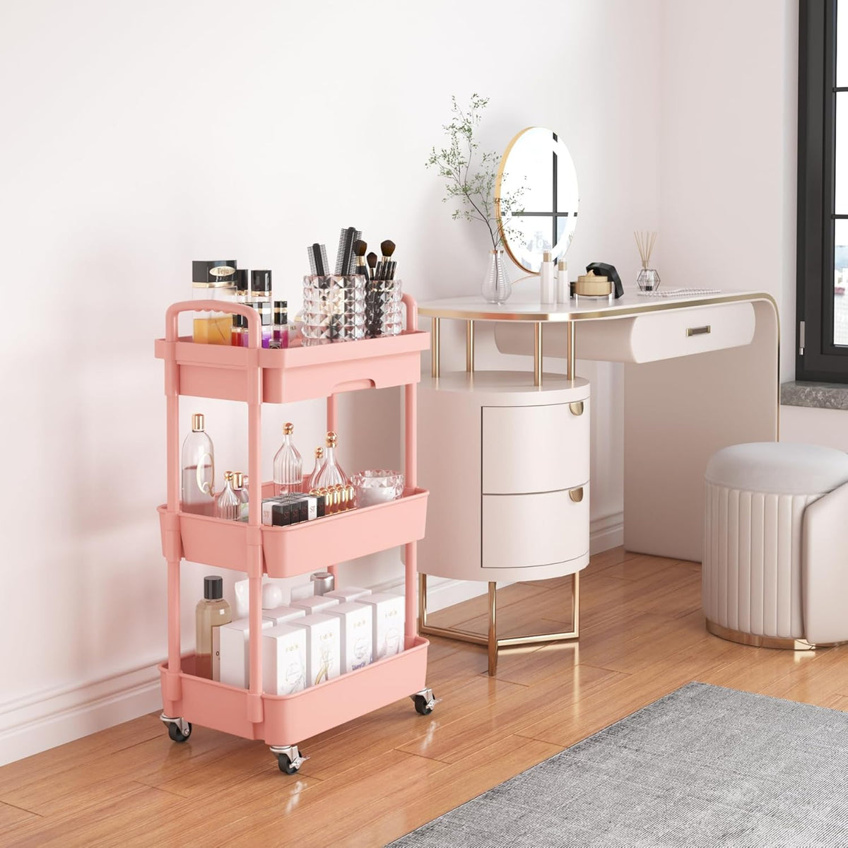 Calmootey 3-Tier Rolling Utility Cart with Drawer,Multifunctional Storage Organizer with Plastic