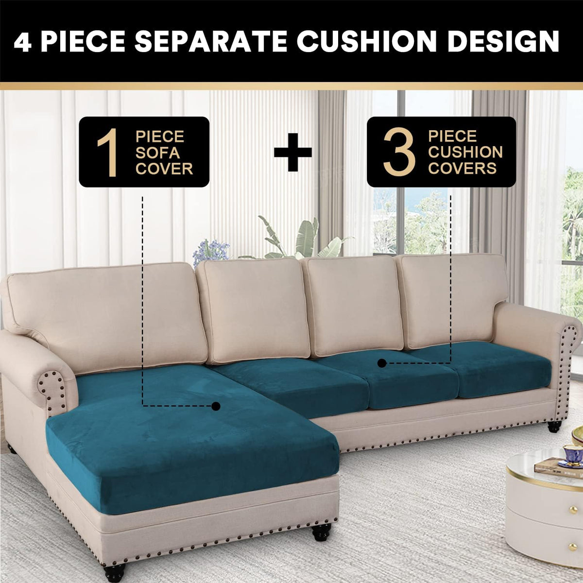 PrinceDeco Sectional Couch Covers 4 Pieces Couch Covers for Sectional Sofa Velvet Separate