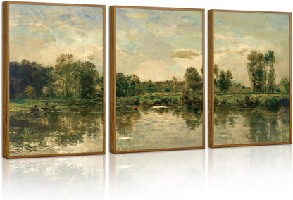 Tinonedraw Vintage Landscape Framed Canvas Wall Art Set of 3, French Country Art Prints, Nature