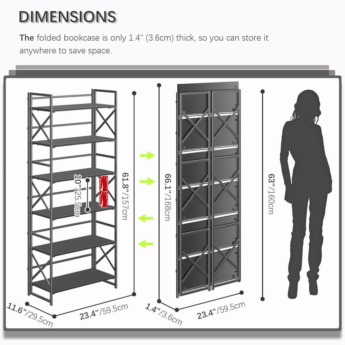 4NM 6 Tiers No Assembly Book Shelves, 61.8" H Folding Bookshelf Bookcase Open Industrial Foldable