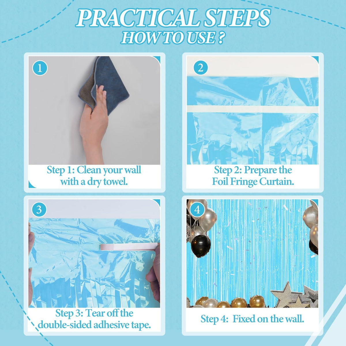 3 Pack Foil Fringe Backdrop - Pastel Blue Shiny Tinsel Curtains for Party Decoration/Photo Booth