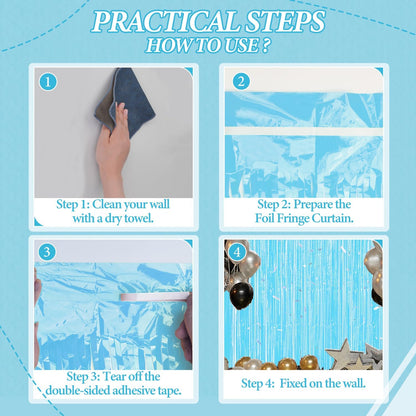 3 Pack Foil Fringe Backdrop - Pastel Blue Shiny Tinsel Curtains for Party Decoration/Photo Booth