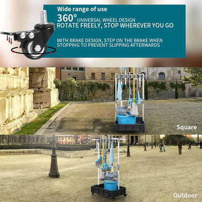 Broom And Mop Holder Put Wet Mops Movable Floor-Mounted Mop Rack Floor Standing Cleaning Tool Cart
