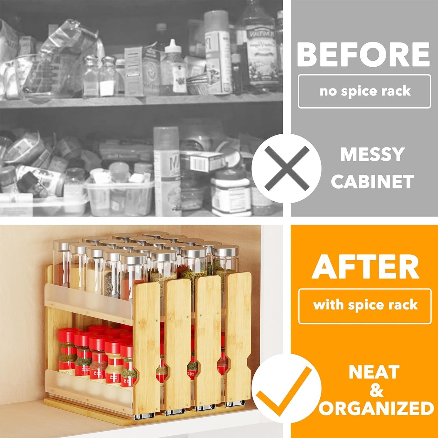 SpaceAid Bamboo Pull Out Spice Rack Organizer for Cabinet, Heavy Duty Slide Out Seasoning Kitchen