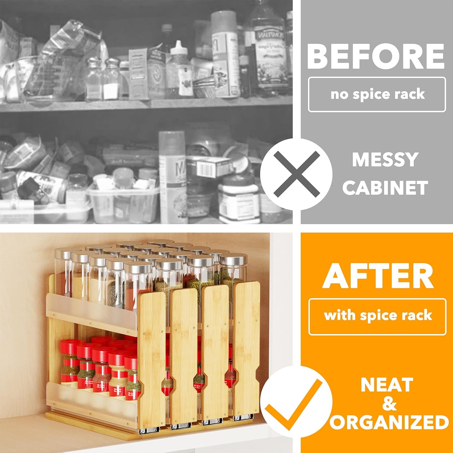 SpaceAid Bamboo Pull Out Spice Rack Organizer for Cabinet, Heavy Duty Slide Out Seasoning Kitchen