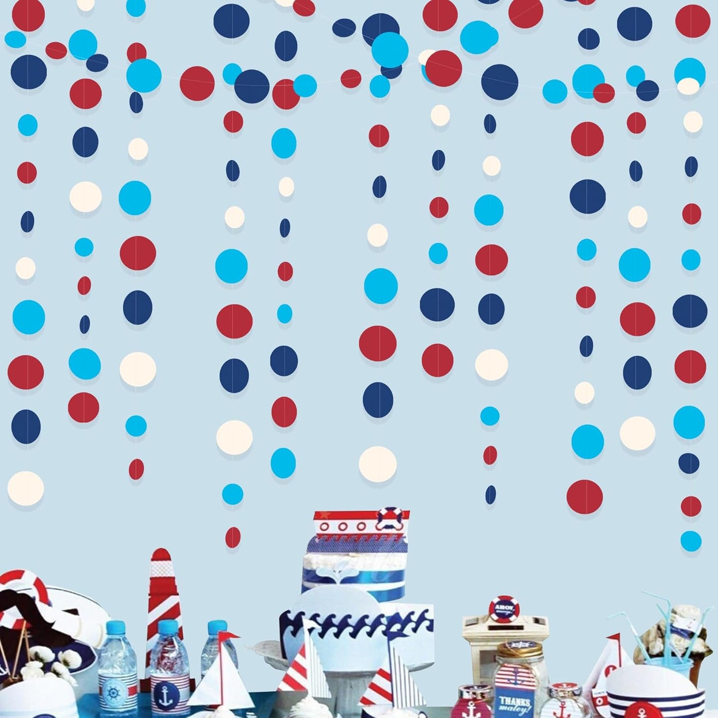 Nautical Party Decorations Circle Dot Garland Navy Blue Red White Hanging Paper Polka Dot Streamer