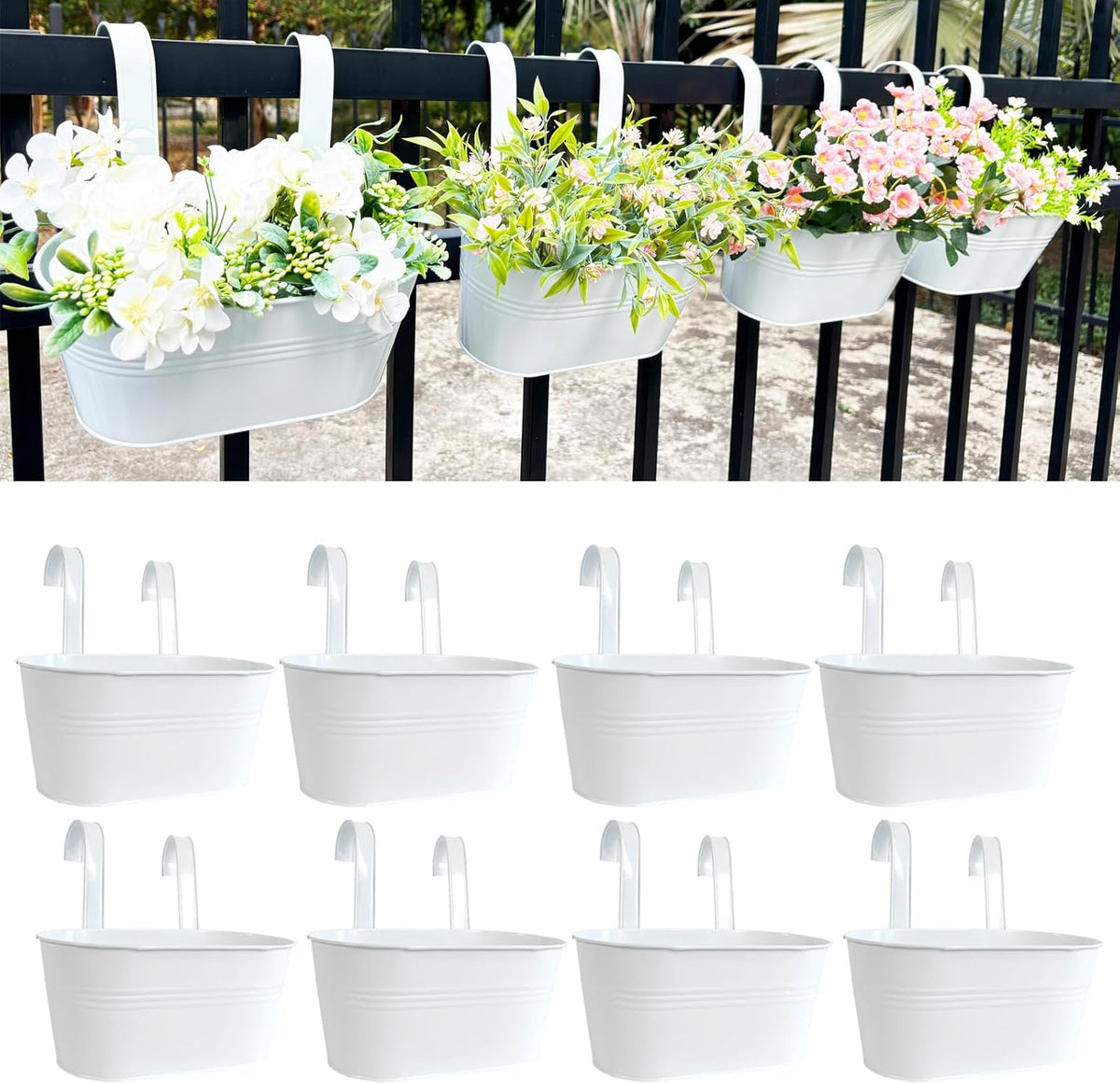 10" Hanging Flower Pots, Pack of 8 White Metal Outdoor Patio Balcony Planter, Railing Planters