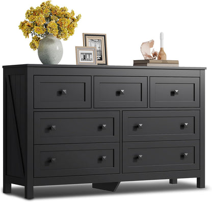 WLIVE Farmhouse Dresser for Bedroom, 51.18'' Wide 7 Drawer Wood Dresser, Black TV Stand for 65 inch