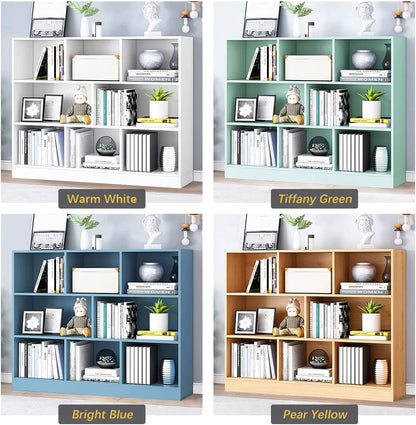 IOTXY Open Shelf Low Bookcase - Wooden 3-Tier Floor Standing Display Cabinet Organizer with Base, 8