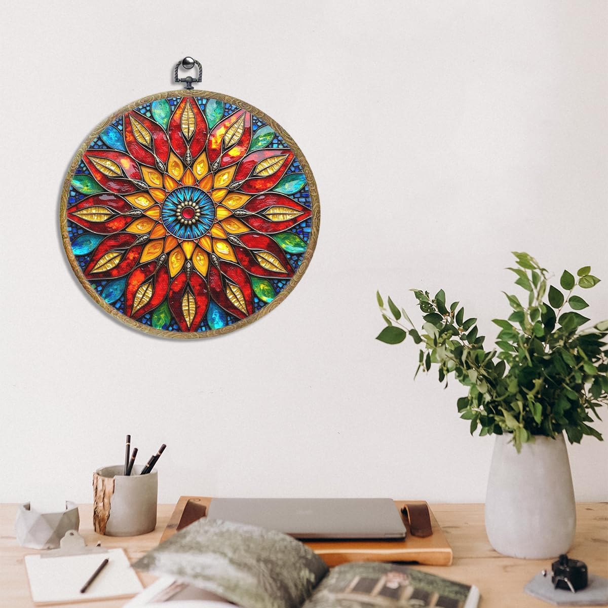Colorful Geometric Mandala Framed Round Wall Decor Canvas Wall Art Hanging Prints Artwork for Home