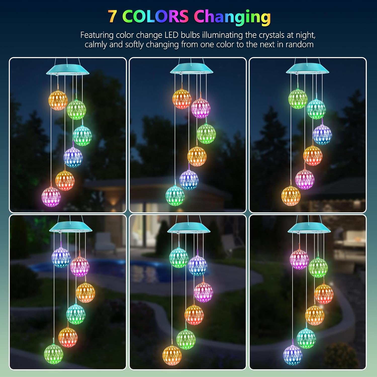 Toodour Solar Wind Chime, Color Changing Moroccan Ball Wind Chimes, LED Decorative Mobile, Gifts