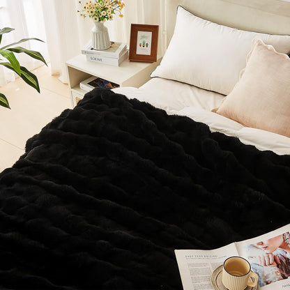 Lotus Karen Faux Fur Blanket Black - Big Bubble Rabbit Fluff King Throw for The Bed Large Fluffy