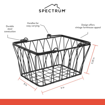 Spectrum Small Wire Basket with Handles Black Farmhouse Basket Organizer for Kitchen Bathroom