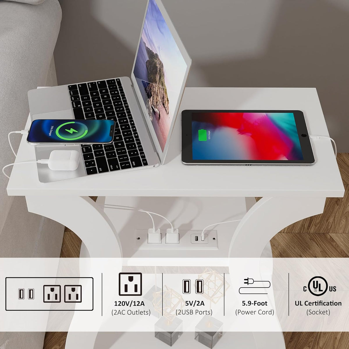End Tables Living Room, White End Table with Charging Station,White Side Table, Nightstand for